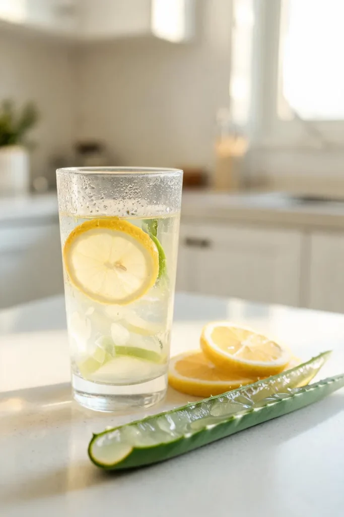 Aloe vera lemon water for weight loss with fresh lemon slices and aloe gel in a glass