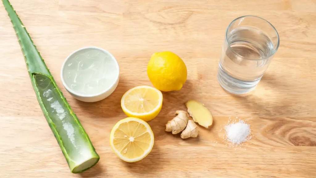 Aloe vera lemon water for weight loss ingredients including aloe gel, lemon, ginger, water and salt