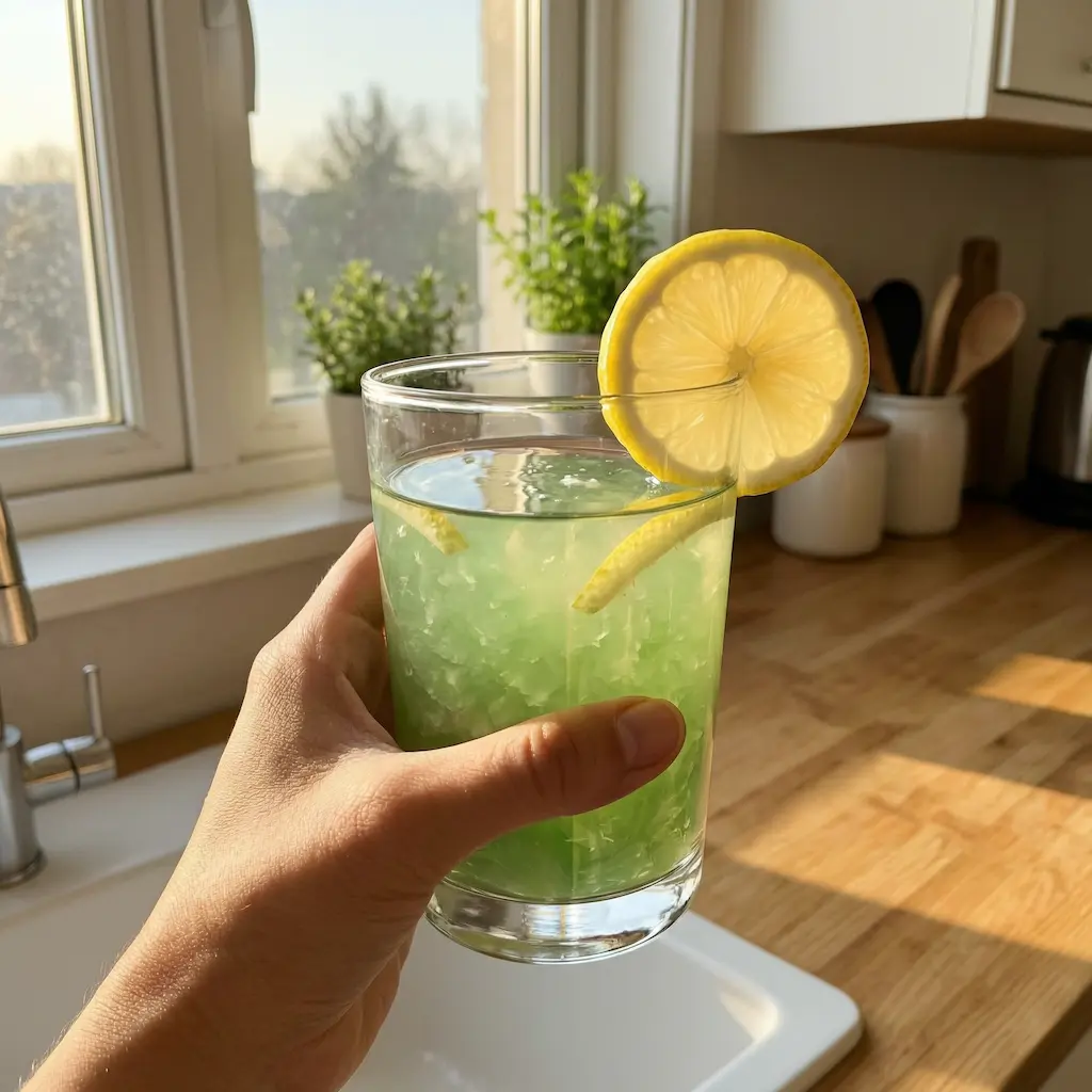 Aloe vera lemon water for weight loss served in a glass with lemon slice in a bright kitchen