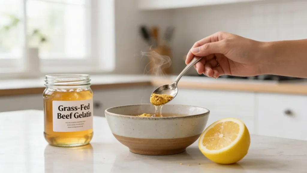 7 Proven Benefits: Dr. Cate Shanahan's Gelatin Ritual for Cellulite and Deep Nutrition 5 A close-up of grass-fed beef gelatin powder being stirred into a warm elixir with fresh lemon, following Dr. Cate Shanahan's protocol.