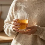 A woman with a healthy, curvy silhouette holding a steaming glass of Dr. Cate Shanahan's Gelatin Ritual elixir in a sunlit kitchen.