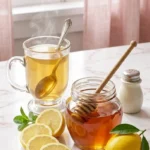 Dr. Gupta Gelatin Recipe: Simple Low-Calorie Joint Support Drink 7 Dr. Gupta Gelatin Recipe served warm in a glass mug with lemon, honey, and mint on a marble countertop.