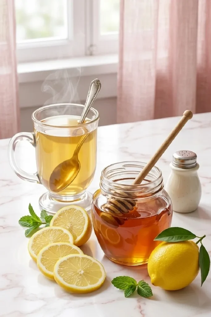 Dr. Gupta Gelatin Recipe served warm in a glass mug with lemon, honey, and mint on a marble countertop.