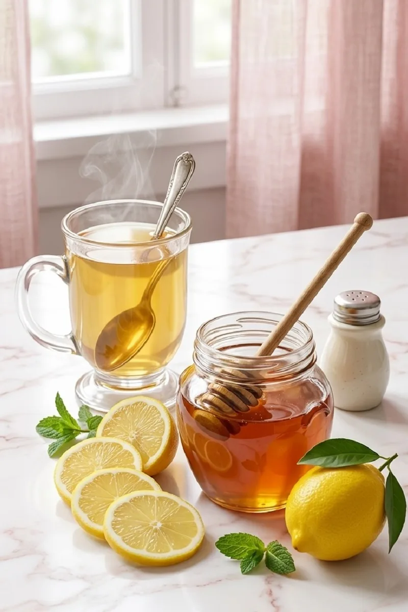 Dr. Gupta Gelatin Recipe: Simple Low-Calorie Joint Support Drink 4 Dr. Gupta Gelatin Recipe served warm in a glass mug with lemon, honey, and mint on a marble countertop.
