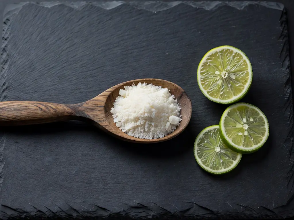 Dr. Gupta Gelatin Recipe: Simple Low-Calorie Joint Support Drink 5 Raw grass-fed gelatin powder on a wooden spoon with sliced limes on a dark slate background for Dr. Gupta's recipe.