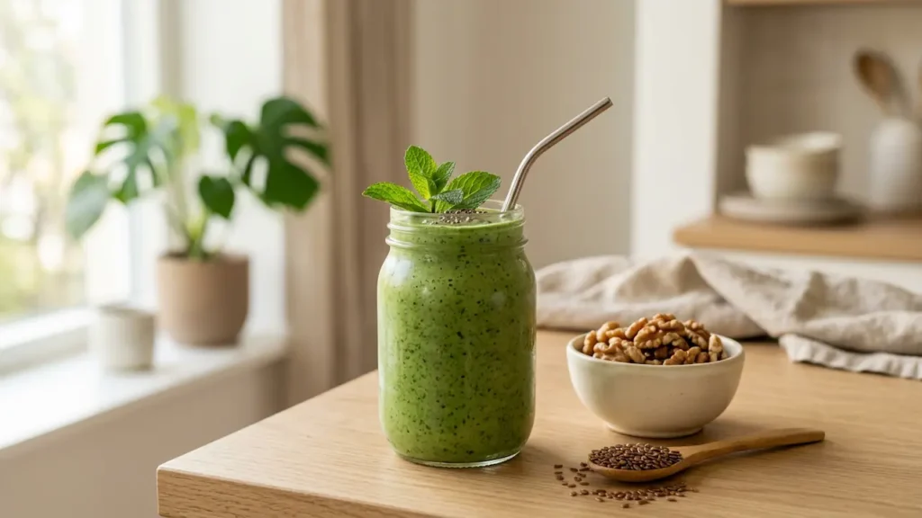 High-protein green smoothie variation of the Dr Phil Diabetes Recipe with walnuts and flaxseeds for blood sugar support.