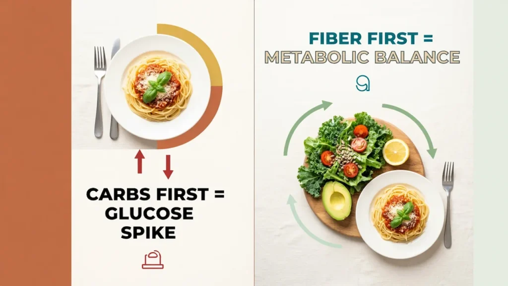Split-screen comparison showing a glucose spike from carbs first versus metabolic balance achieved through the fiber maxxing for weight loss 'Fiber First' rule.