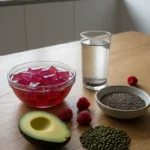 A functional food stack for fiber maxxing for weight loss featuring a pre-meal fiber drink, chia seeds, fresh berries, and pro-metabolic gelatin cubes.