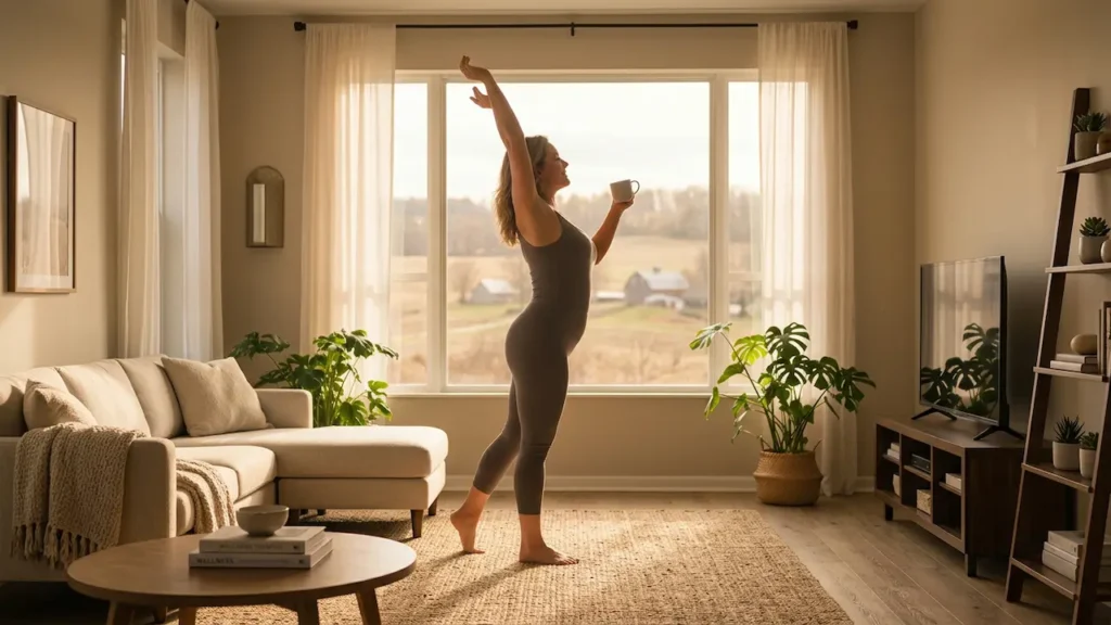 7 Proven Benefits: Dr. Cate Shanahan's Gelatin Ritual for Cellulite and Deep Nutrition 6 A healthy, curvy woman stretching in a sunlit living room, embodying the metabolic vitality of Dr. Cate Shanahan's nutritional framework.