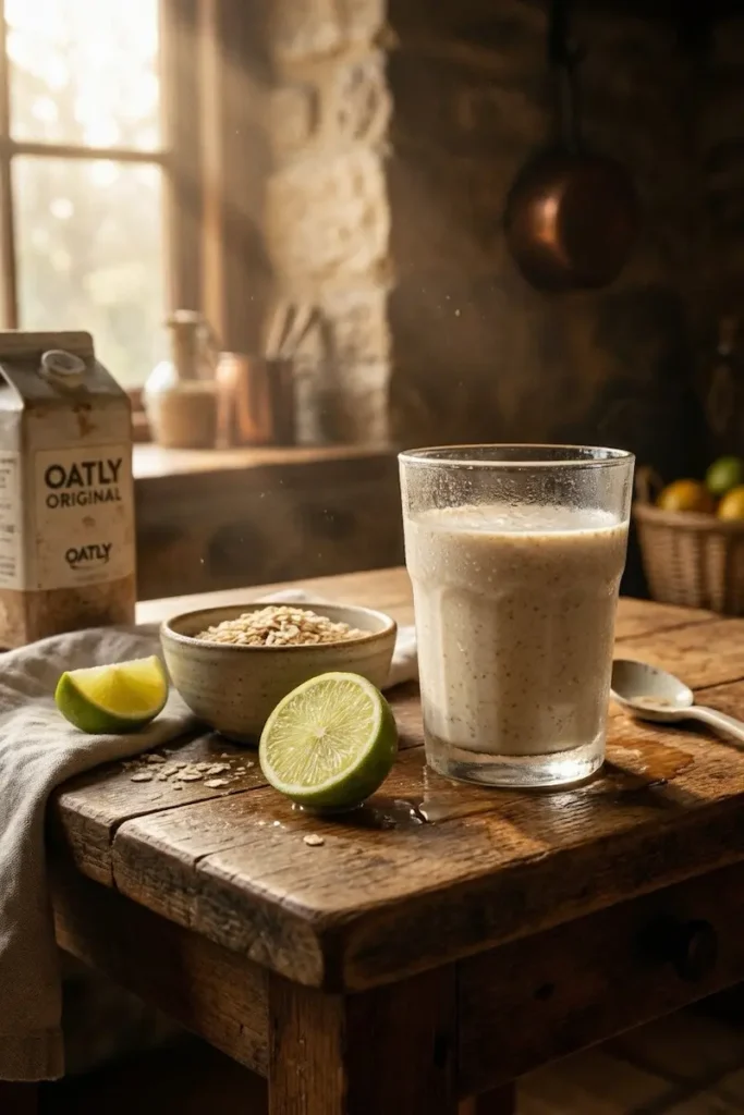 oat trick for weight loss recipe with oats, water, and lime in glass