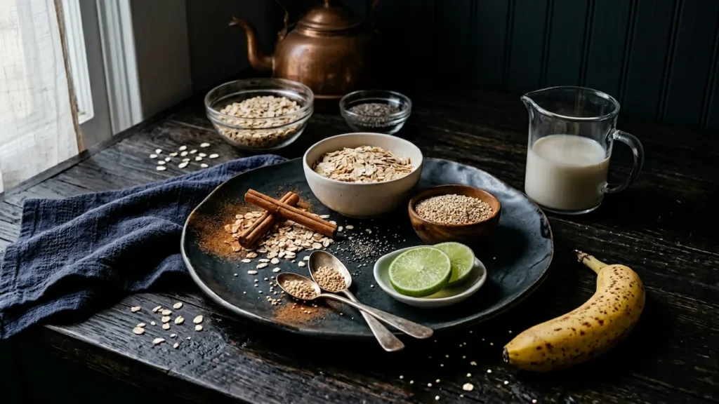 ingredients for oat trick for weight loss recipe with oats, lime, and spices