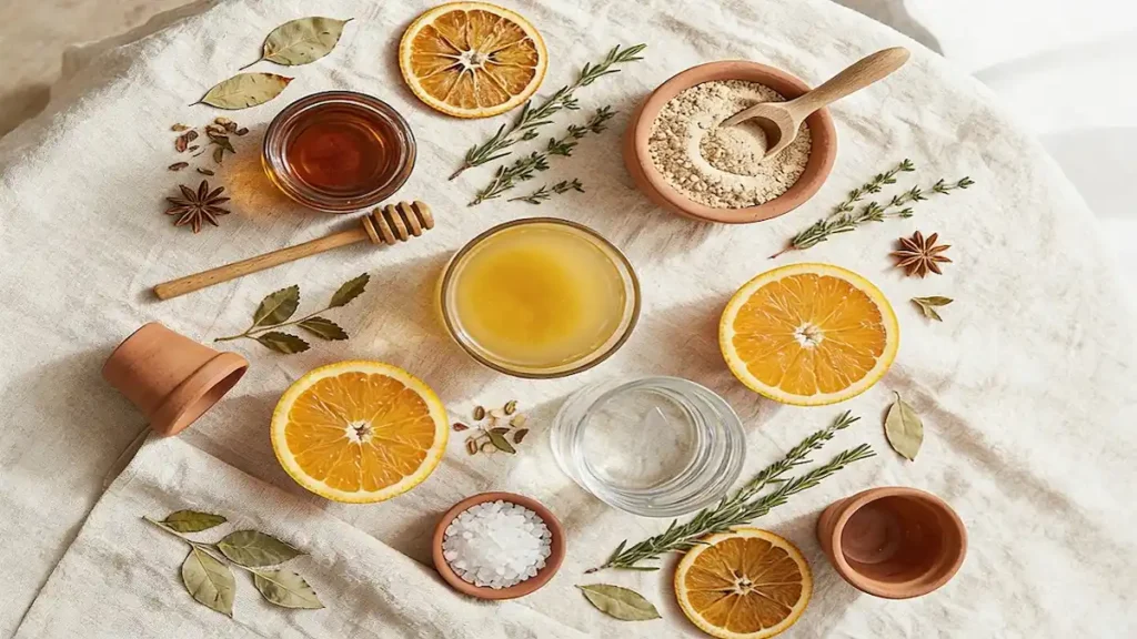 Top-down flat lay of the Ray Peat Gelatin protocol featuring orange gelatin squares, fresh orange slices, and unflavored gelatin powder