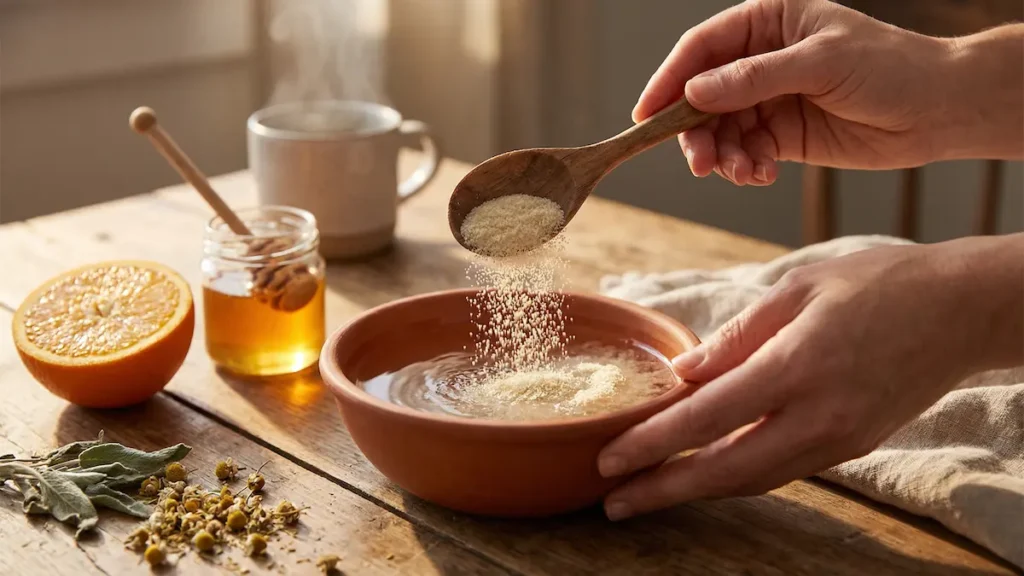 Ray Peat Gelatin metabolic protocol ingredients include raw honey, sea salt, fresh orange slices, and grass-fed gelatin powder on a linen surface.