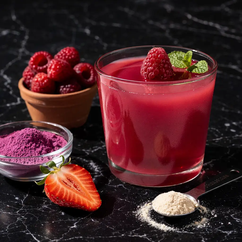 A glass of vibrant pink liquid from the Rebel Wilson pink gelatin recipe with a raspberry on top and pink powder nearby.