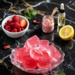 The Rebel Wilson pink gelatin recipe served as vibrant pink cubes in a glass bowl with fresh raspberries and lemon.