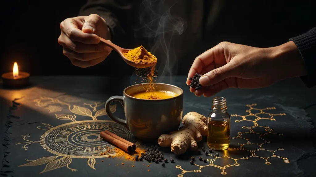 Sanjay Gupta Chai Tea Recipe preparation: hands pouring turmeric and black pepper into steaming golden mug with ginger, cinnamon and curcumin. molecular diagram on dark slate