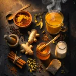 Sanjay Gupta Chai Tea Recipe ingredients flat lay: turmeric, ginger, cinnamon, cardamom, black pepper, honey, almond milk and steaming golden chai mug on dark slate with dramatic lighting