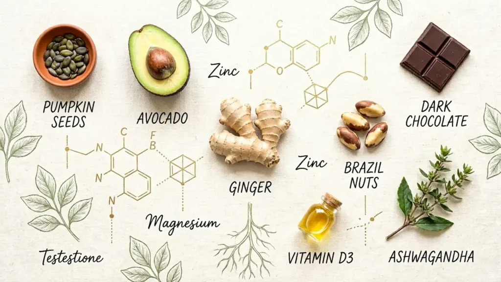Testosterone for women infographic: 7 proven foods, including pumpkin seeds, avocado, ginger, brazil nuts, dark chocolate, vitamin D3 oil and ashwagandha with zinc and magnesium molecular structures
