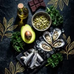 Testosterone for women: flat lay of avocado, pumpkin seeds, oysters, sardines, dark chocolate, kale and olive oil on dark slate with gold botanical accents