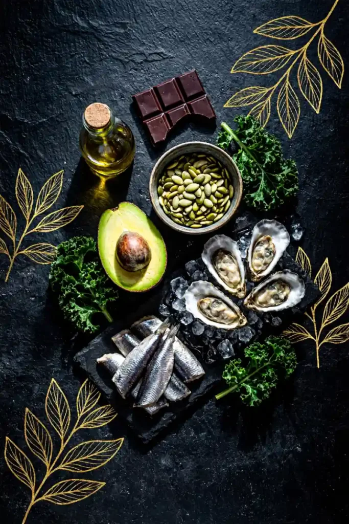 Testosterone for women: flat lay of avocado, pumpkin seeds, oysters, sardines, dark chocolate, kale and olive oil on dark slate with gold botanical accents