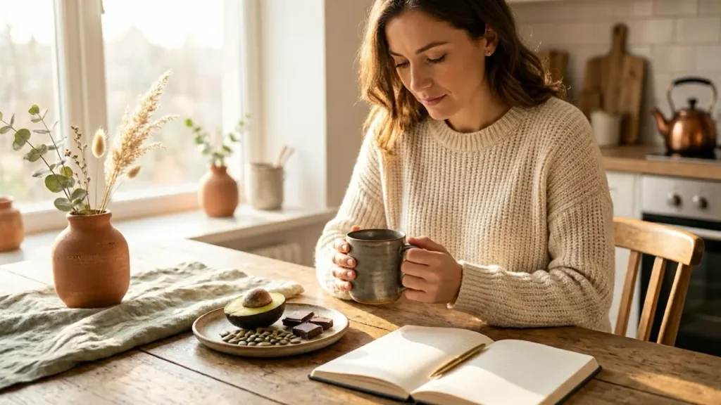Woman supporting testosterone for women naturally with a morning wellness ritual: avocado, pumpkin seeds, dark chocolate and herbal tea at a wooden kitchen table