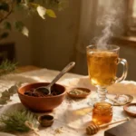 Tim Ferriss Gelatin Ritual flat lay: terracotta bowl of gelatin powder, steaming herbal tonic, raw honey jar, pine needles and sea salt on cream linen with warm golden light