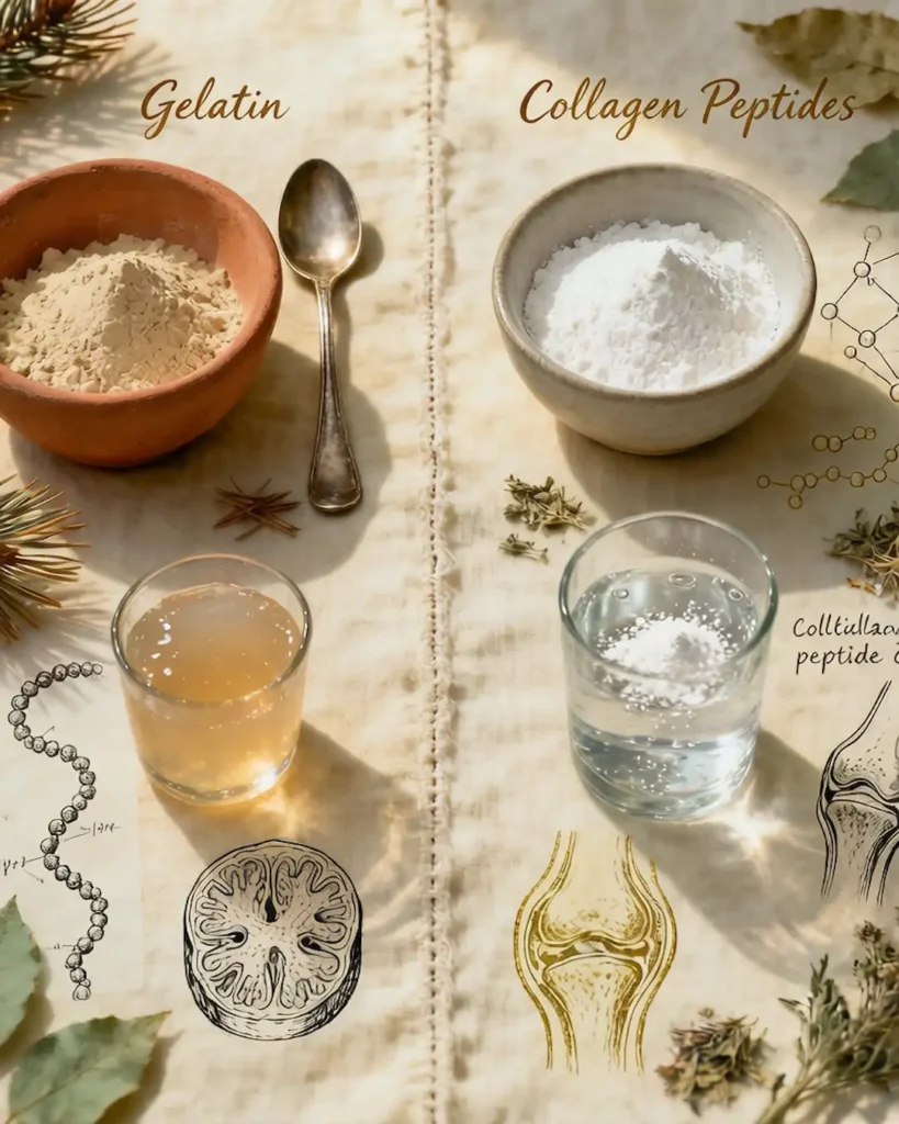 Tim Ferriss Gelatin Ritual science comparison: gelatin powder in terracotta bowl forming a gel versus collagen peptides in ceramic bowl dissolving clear, with botanical molecular diagrams on cream linen