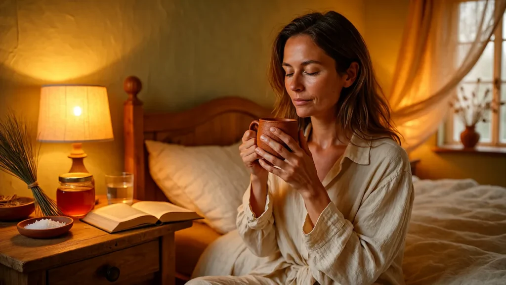A woman performing the Tim Ferriss Gelatin Ritual holding a warm terracotta mug with eyes closed in a cozy golden-lit bedroom with honey, sea salt and open book on the bedside table