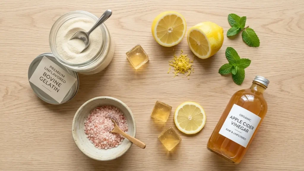 Flat lay of ingredients for the ice gelatin trick including unflavored bovine gelatin, lemons, pink Himalayan salt, and apple cider vinegar.