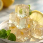 Close-up of clear lemon-infused cubes on a white plate showing the ice gelatin trick for natural appetite suppression.