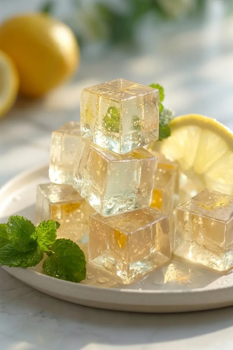 Close-up of clear lemon-infused cubes on a white plate showing the ice gelatin trick for natural appetite suppression.