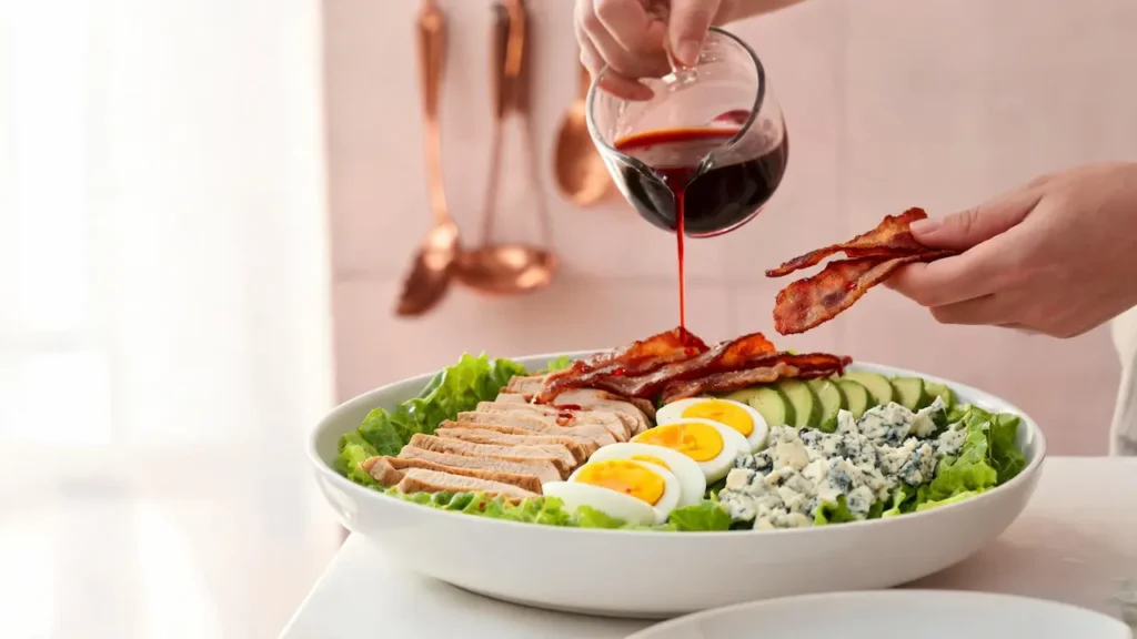 Low-carb cobb salad being dressed with red wine vinaigrette and topped with crispy bacon in a white bowl.