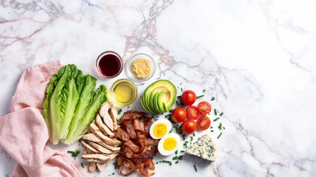 Low-carb cobb salad ingredients: romaine, chicken, bacon, eggs, avocado, tomatoes, blue cheese, and vinaigrette on marble