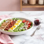 Low-carb Cobb salad in a white bowl with sliced chicken, bacon, eggs, avocado, and red wine vinaigrette on a marble table