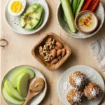 Mark Hyman Snack Ideas: hard-boiled egg with avocado, raw vegetables with hummus, walnuts and almonds, green apple with almond butter, and homemade energy balls arranged on wooden table.