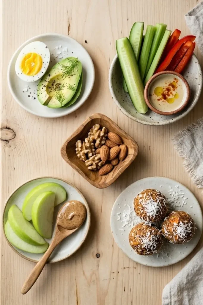 Mark Hyman Snack Ideas: hard-boiled egg with avocado, raw vegetables with hummus, walnuts and almonds, green apple with almond butter, and homemade energy balls arranged on wooden table.
