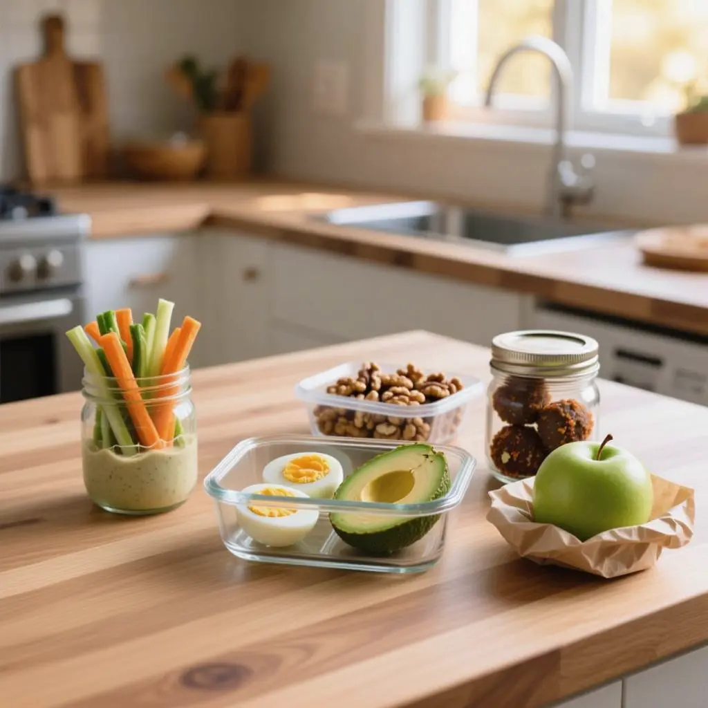 Mark Hyman Snack Ideas: meal prep containers with hard-boiled eggs, avocado, walnuts, veggie sticks with dip, homemade energy balls, and green apples on kitchen counter.