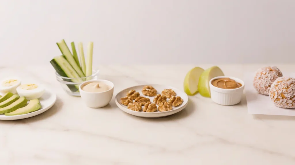 Mark Hyman Snack Ideas: hard-boiled eggs with avocado, raw vegetables with tahini, walnuts, green apple with almond butter, and homemade energy balls on a marble surface.