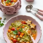 Recipe for weight loss cabbage soup in pink ceramic bowls with fresh parsley, star croutons, carrots, and tomatoes on a marble countertop.