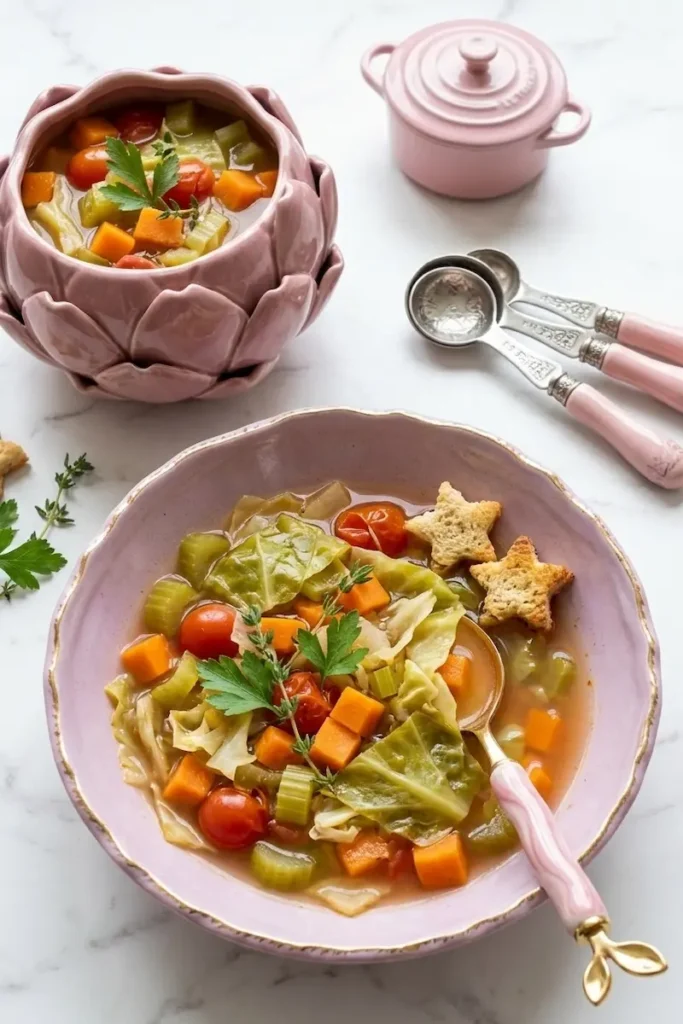 Recipe for weight loss cabbage soup in pink ceramic bowls with fresh parsley, star croutons, carrots, and tomatoes on a marble countertop.