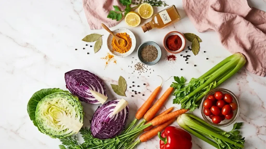 Recipe for Weight Loss Cabbage Soup: The Modern Satiety Protocol (2026) 6 Recipe for weight loss cabbage soup ingredients: green and red cabbage, carrots, celery, tomatoes, turmeric, cumin, and apple cider vinegar on marble.