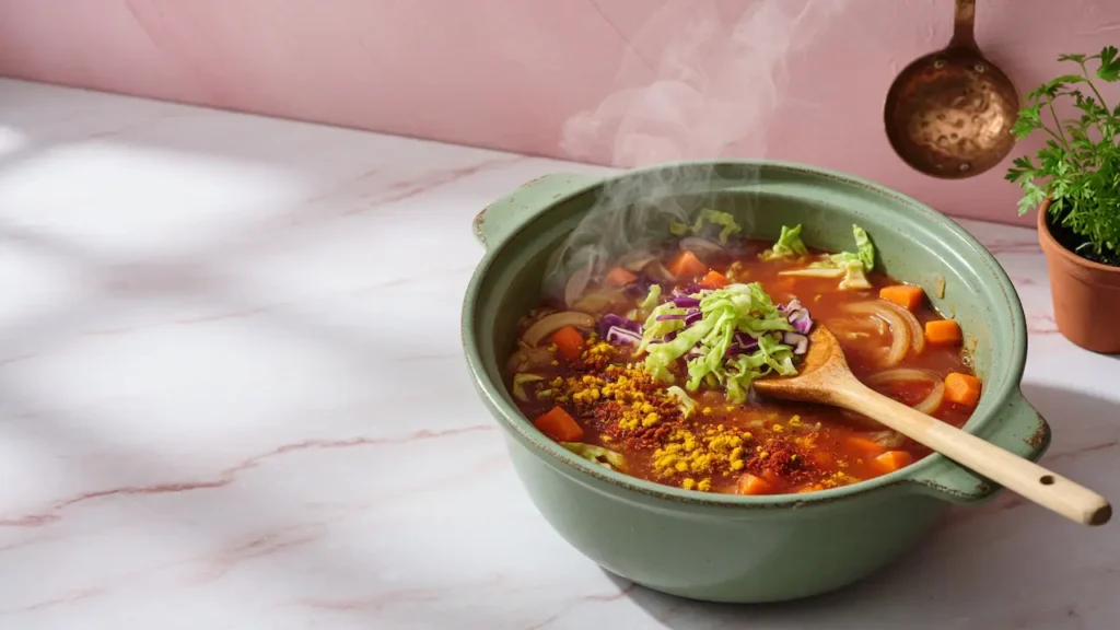 Recipe for Weight Loss Cabbage Soup: The Modern Satiety Protocol (2026) 7 Recipe for weight loss cabbage soup steaming in a green bowl with turmeric, paprika, and fresh shredded cabbage.
