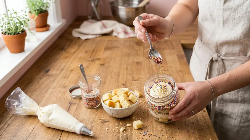 Cake shaker assembly: hands adding rainbow sprinkles to a layered mason jar cake with piped frosting.