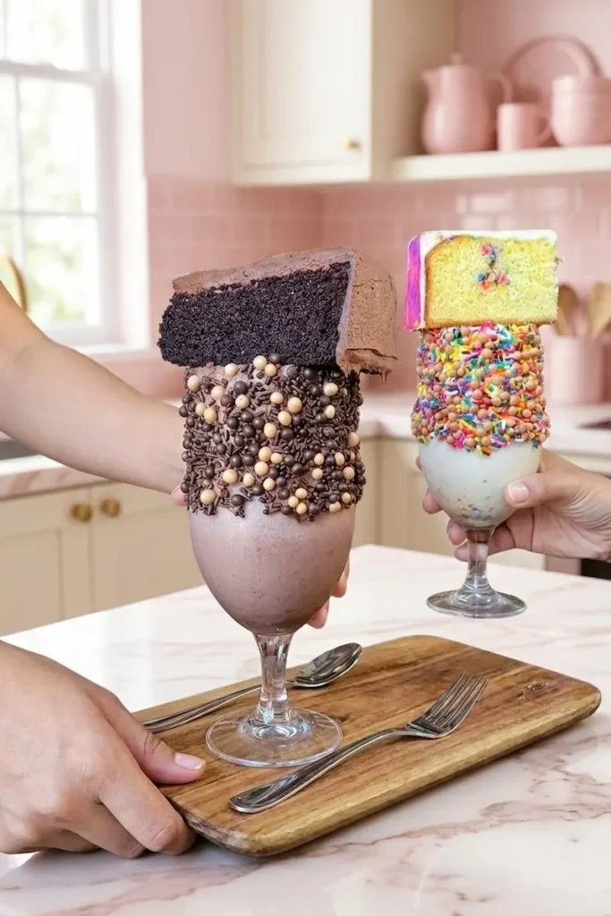 Cake shaker recipe: two elaborate layered desserts in stemmed glasses with cake cubes, frosting, sprinkles, and chocolate chips.