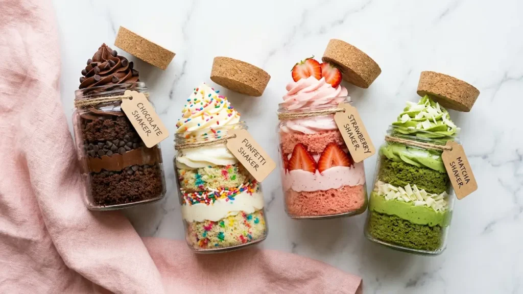 Cake shaker recipe variations: four mason jars showing chocolate, funfetti, strawberry, and matcha layered cake shakers with frosting and toppings.