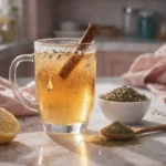 Cumin for weight loss: warm spiced tea with a cinnamon stick, cumin seeds, and lemon on a marble countertop.