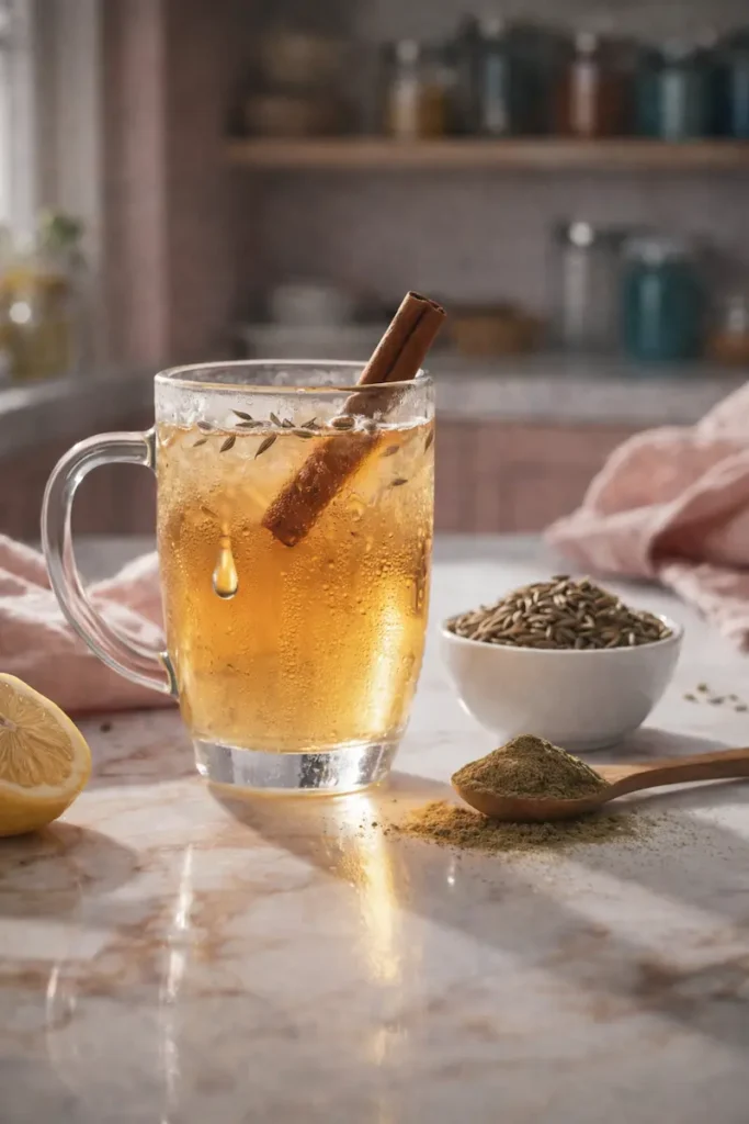 Cumin for weight loss: warm spiced tea with a cinnamon stick, cumin seeds, and lemon on a marble countertop.