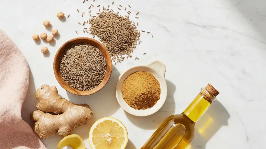 Cumin for Weight Loss: How to Use It, What to Expect, and a Simple Daily Recipe 5 Cumin for weight loss ingredients: whole cumin seeds, ground cumin, ginger, lemon, olive oil, and chickpeas on marble.