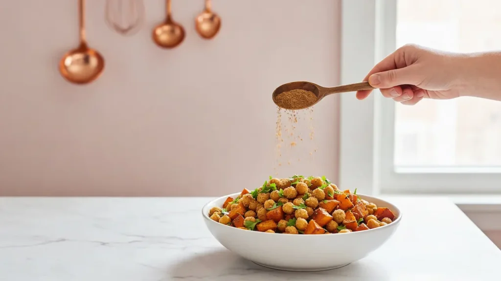 Cumin for Weight Loss: How to Use It, What to Expect, and a Simple Daily Recipe 7 Cumin for weight loss: hand sprinkling ground cumin from a wooden spoon over a bowl of roasted chickpeas and sweet potatoes.