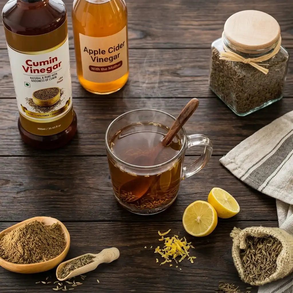 Cumin-Vinegar Infusion for Weight Loss: The 3-2-1 Morning Method 4 Cumin-vinegar infusion for weight loss in clear glass mug with apple cider vinegar, cumin seeds, and lemon on a rustic wooden table.